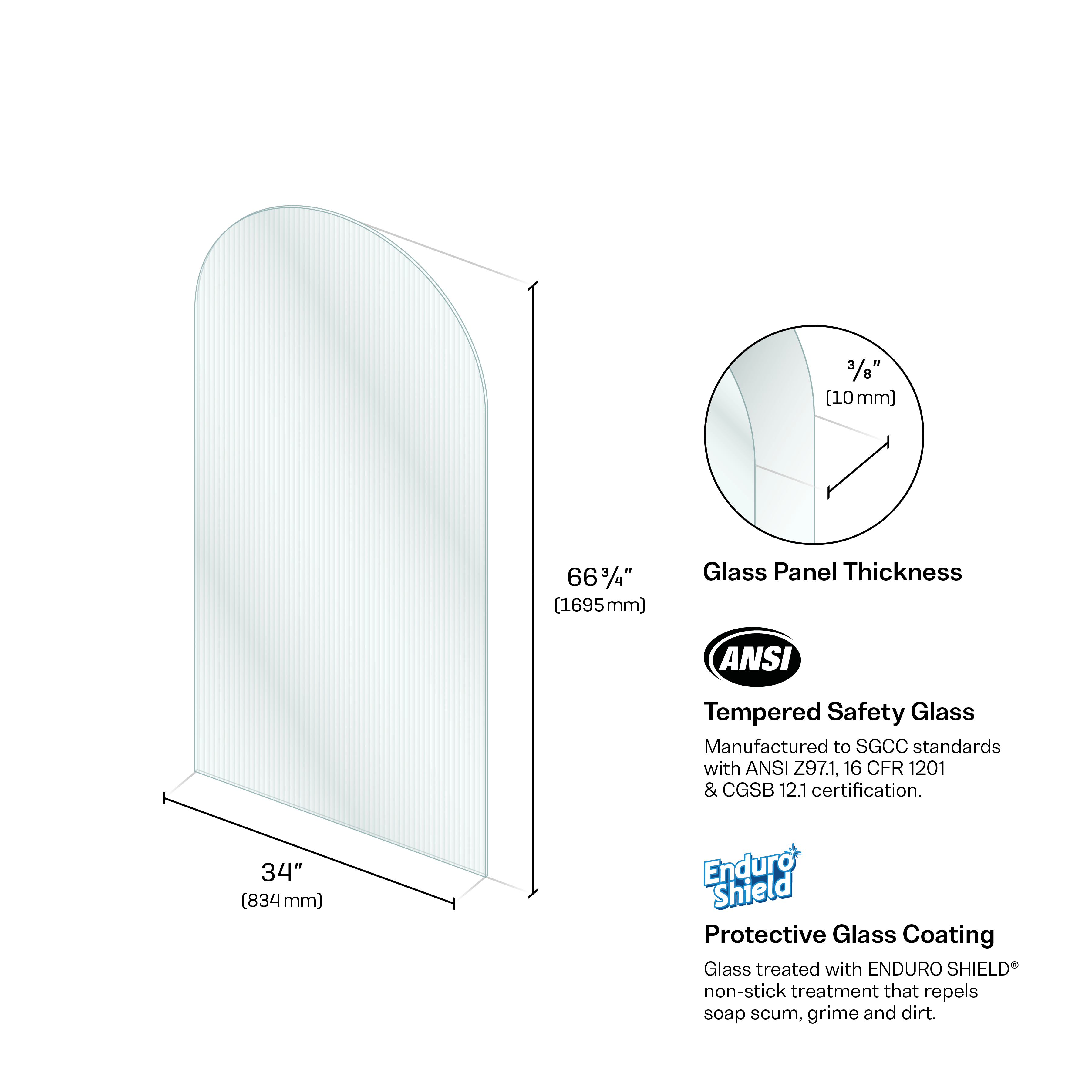 Bathtub Arch Fluted Tempered Glass Fixed Panel