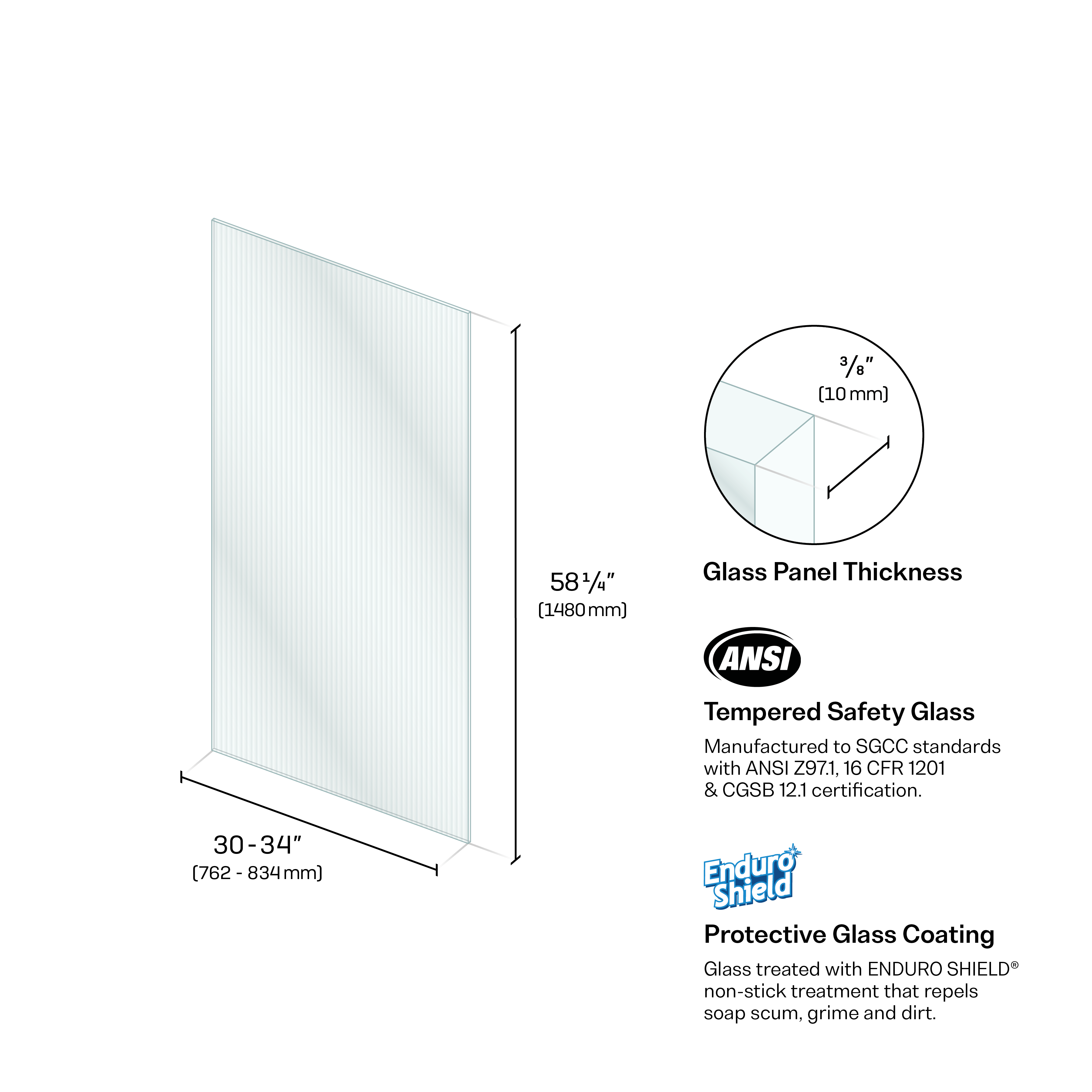 Bathtub Fluted Tempered Glass Fixed Panel