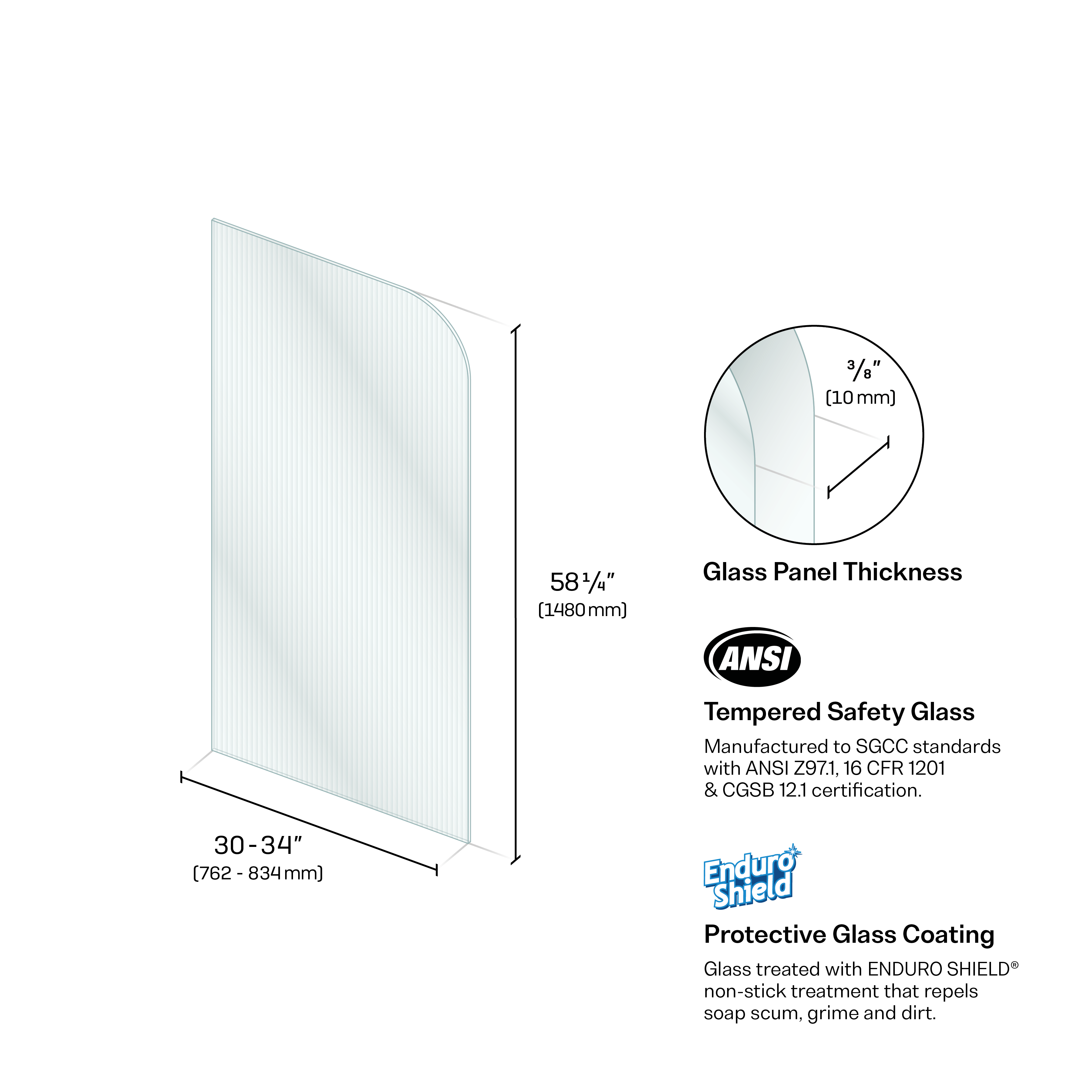 Bathtub Fluted Radius Tempered Glass Fixed Panel